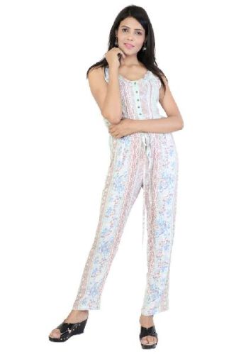 Printed Rayon Crepe Jumpsuit, Color : Light Blue