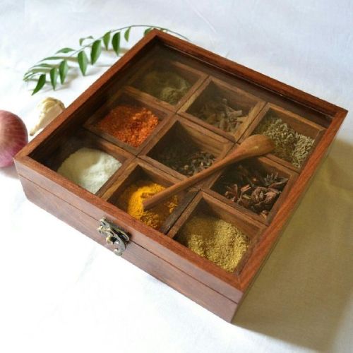 Rectangular Polished Wooden Spice Boxes, For Home Appliance, Feature : Handmade
