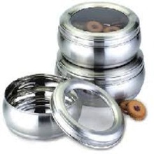 Round Metal Stainless Steel Cookie Box, For Food, Feature : Eco-Friendly