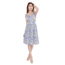 Floral Print Midi Flare Dress, Color : Blue