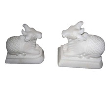 White Marble Small Nandi Statue, Technique : Carved
