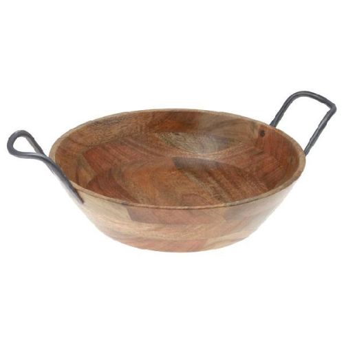 Round Wooden Bowl With Metal Handle, Size : 8 Inch