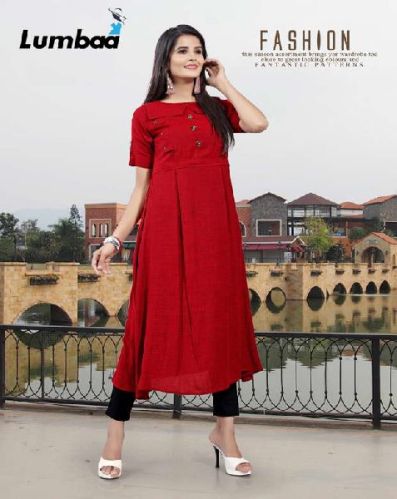 LUMBAA Plain Rayon Slub Ladies Long Kurti, Gender : Girl