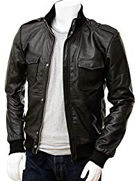 Mens Full Grain Leather Bomber Jacket, Color : Black