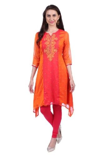 Shwetambara Poly Georgette Embroidered Orange Kurti