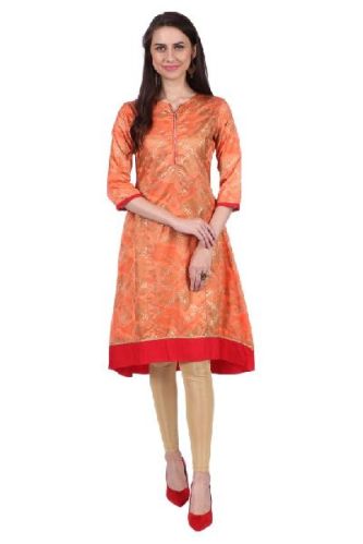 Shwetambara Milky Silk Gold Printed A Line Orange Kurti