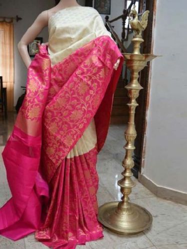 Soft Silk White N Pink Printed Saree - SD705