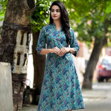 Hand Print Hippie Maxi Gown, Color : Turquoise