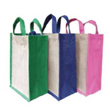 JUTE PANEL SHOPPING TOTE BAG, Color : GREEN+ BLUE+PINK