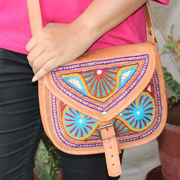 Aryan Exports Embroidery Leather Sling Bags, Size : L= 9 H= 7 W= 2.5 (inch)