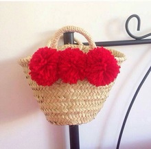 Pom Pom Straw Basket, Color : Multi