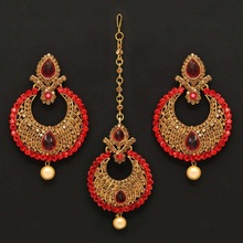 Red Color Rhinestone AND Imitation Pearl Maang Tikka With Earring