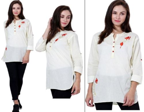 Cotton Cream Embroidered Long Tops, For Casual, Size : XL