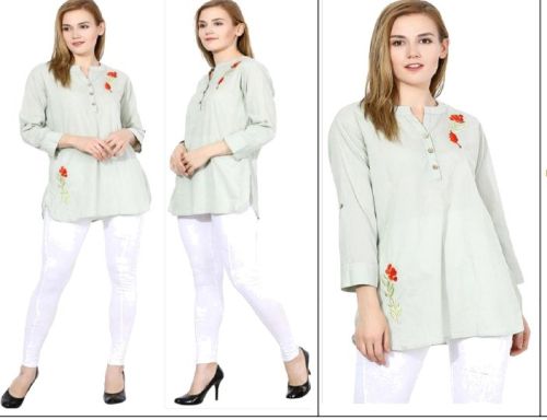 Cotton Light Green Embroidered Long Tops