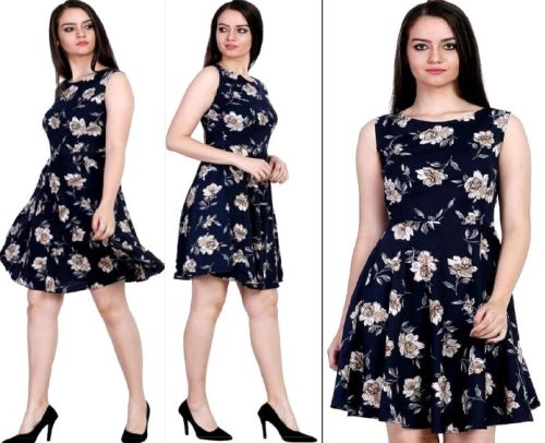 Poly Crepe Navy Blue Printed Dress, Feature : Washable