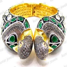 Diamond Emerald Stone Kada Bracelet, Main Stone : Polki