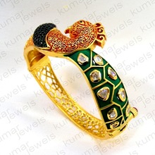 Gold Plated Kundan Blue Green CZ Stone Kadas Bracelet