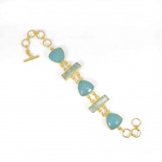 Aqua Chalcedony AND Crackle Glass Gemstone Gold Plated Link Chain Bracelet