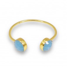 Aqua Chalcedony Gemstone Gold Plated Bezel Set Adjustable Bangle