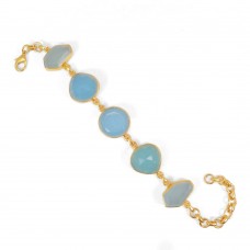 Aqua Chalcedony Gemstone Gold Plated Handmade Link Chain Bracelet