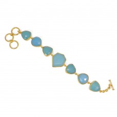 Aqua Chalcedony Gemstone Gold Plated Link Bracelet