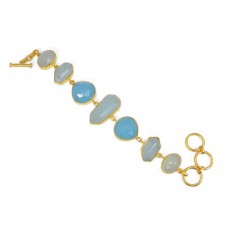 Aqua Chalcedony Gemstone Gold Plated Link Chain Handmade Bracelet