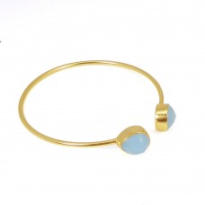 Aqua Chalcedony Gold Plated Handmade Adjustable Bezel Set Bangle