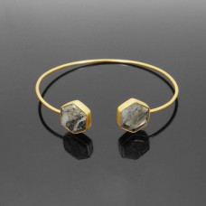 Marcasite Pyrite Hexagon Gemstone Gold Plated Adjustable Bezel Set Bangle