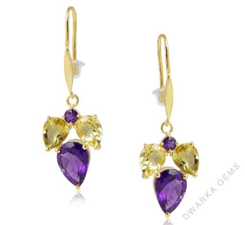 Amethyst Gemstone Lemon Quartz Sterling Silver Earrings