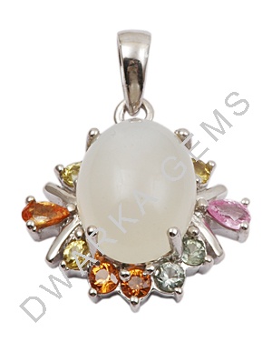 White Moonstone With Sapphires Gemstone Pendant