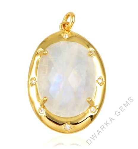 Rainbow Moonstone With CZ Studded Gemstone Sterling Silver Pendant