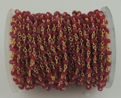 Dyed Ruby Gemstone Gold Plated Wire Rosary Beaded Chain`