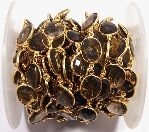 Gold Plated Smoky Quartz Gemstone Bezel Connector Chain