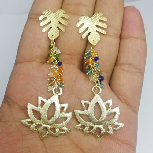 Multi Stone Gold Plated 7.9cm Drop Earring With Lotus Charm