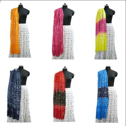 Mirror Work Cotton Bandhej Stole, Length : 90 Inches