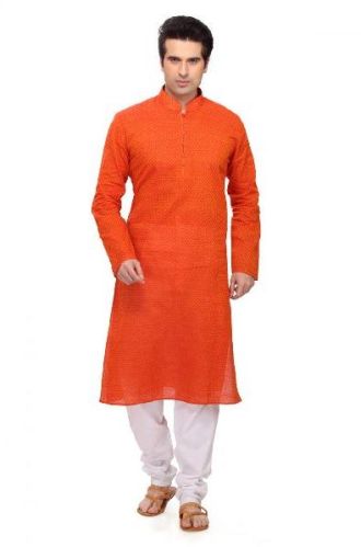 Mens Orange Cotton Kurta Pajama, Size : L, XL