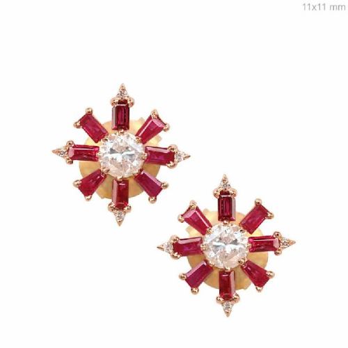 BAGUETTE CUT RUBY STUD EARRINGS, Purity : 18k