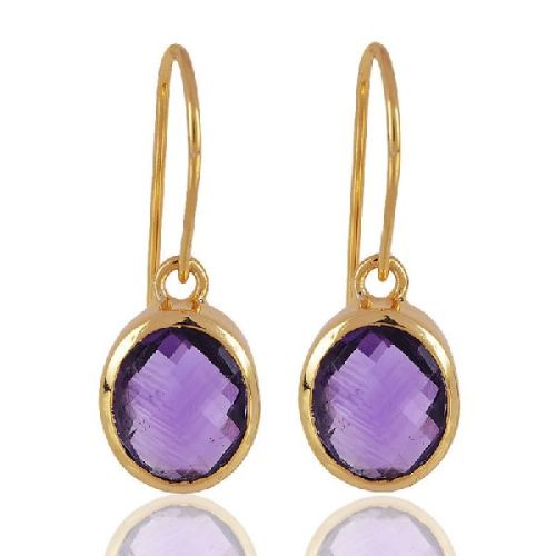 1 Micron Gold Plated 925 Sterling Silver Base Metal and Amethyst Dangle Earrings