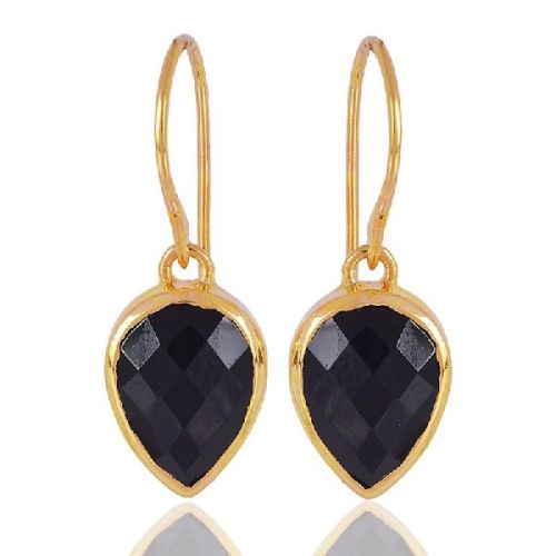 1 Micron Gold Plated 925 Sterling Silver Base Metal and Black Onyx Dangle Earrings