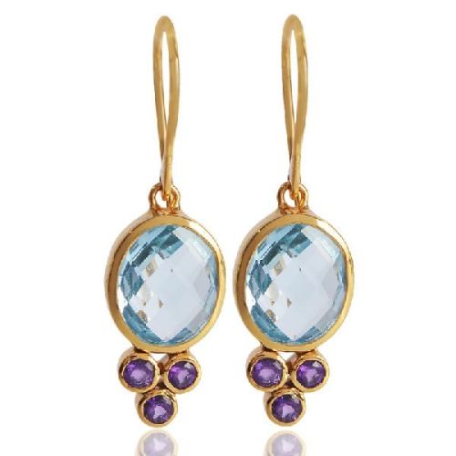 Amethyst and Blue Toapz 925 Sterling Silver Gold Vermeil Earrings