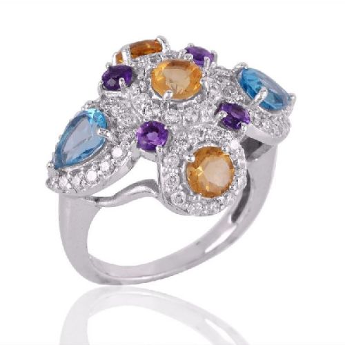 Blue Topaz Citrine Amethyst and CZ Multi Gemstone Silver Cocktail Ring
