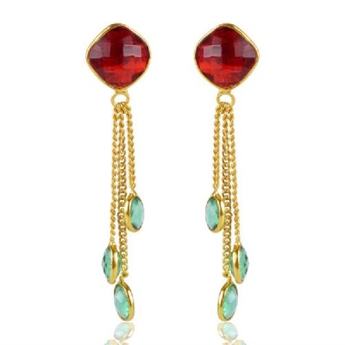 Colored Stone Gold Plated 925 Silver Tassel Earring
