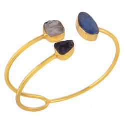 Gold Plated Amethyst and Rose Quartz Rough Kyanite Cuff Bracelet