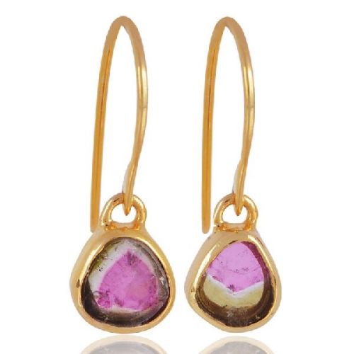 Natural Tourmaline Slice Gemstone Gold Vermeil 925 Sterling Silver Earrings