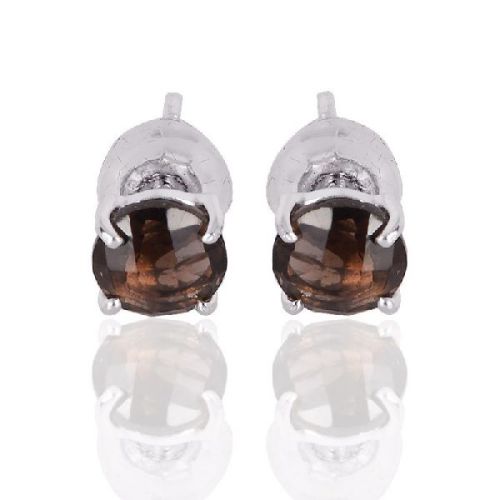 Silver Stud Smoky Quartz Gemstone 925 Sterling Earring