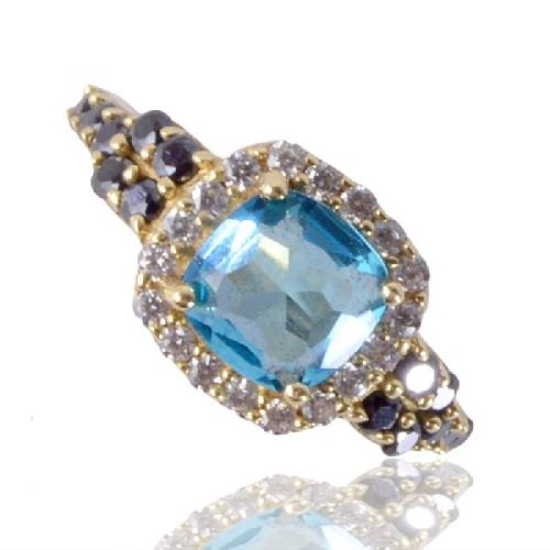 Sky Blue Swarovski Glass, Black Spinal Glass and White Cubic Zirconia Gold Plated Ring