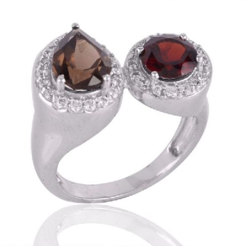 Smoky Quartz and Garnet 925 Silver CZ Cocktail Ring