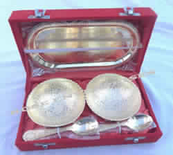 Brass Utensil Set Tray and Bowls (Gold Color)