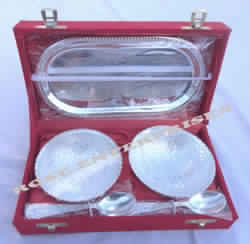 Brass Utensil Set Tray and Bowls (Silver Color)