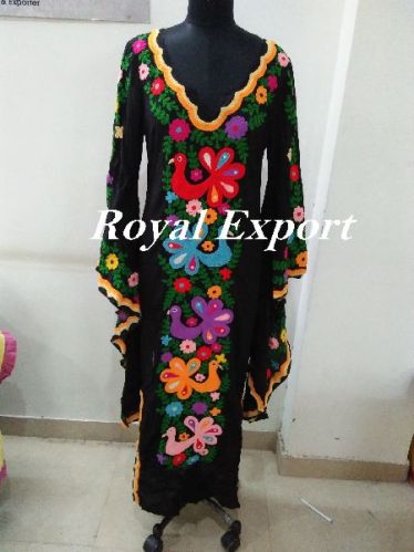 Long Sleeve Royal Butterfly Embroidered Kaftan Dress, Design : Maxi